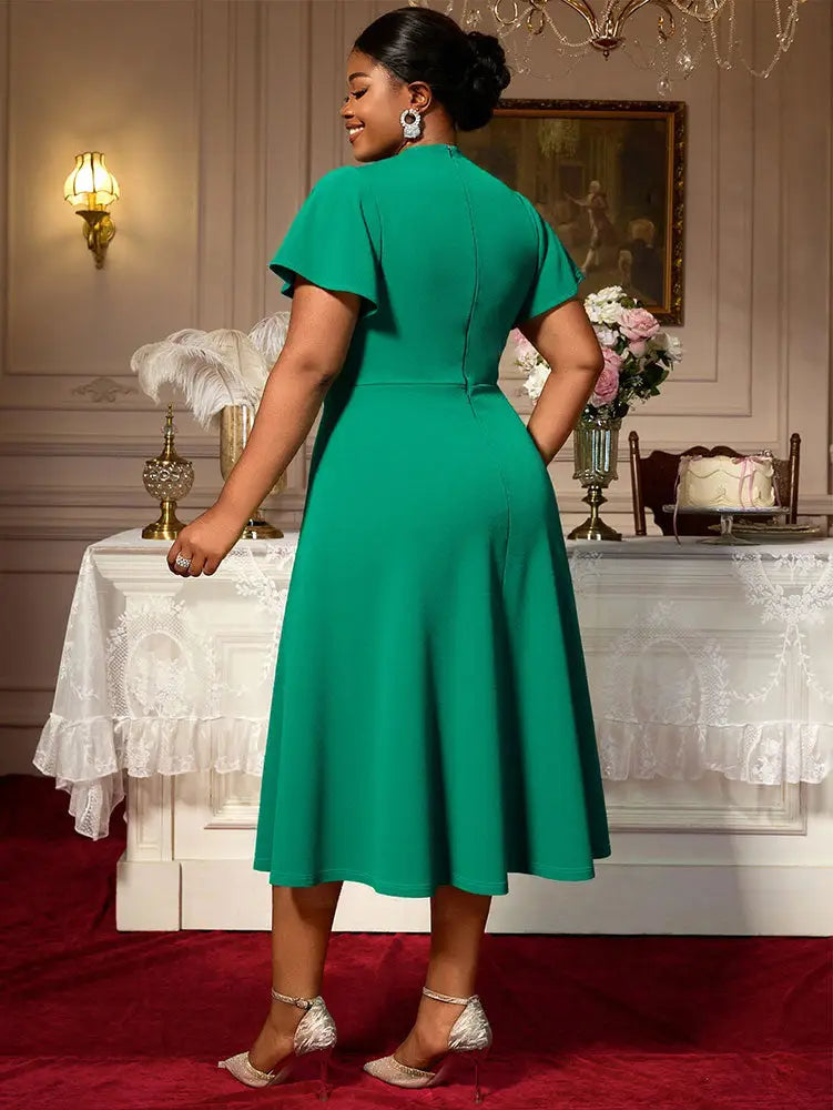 AOMEIDRESS Elegant Green A Line Ruffle Beaded Dress for Wedding Party