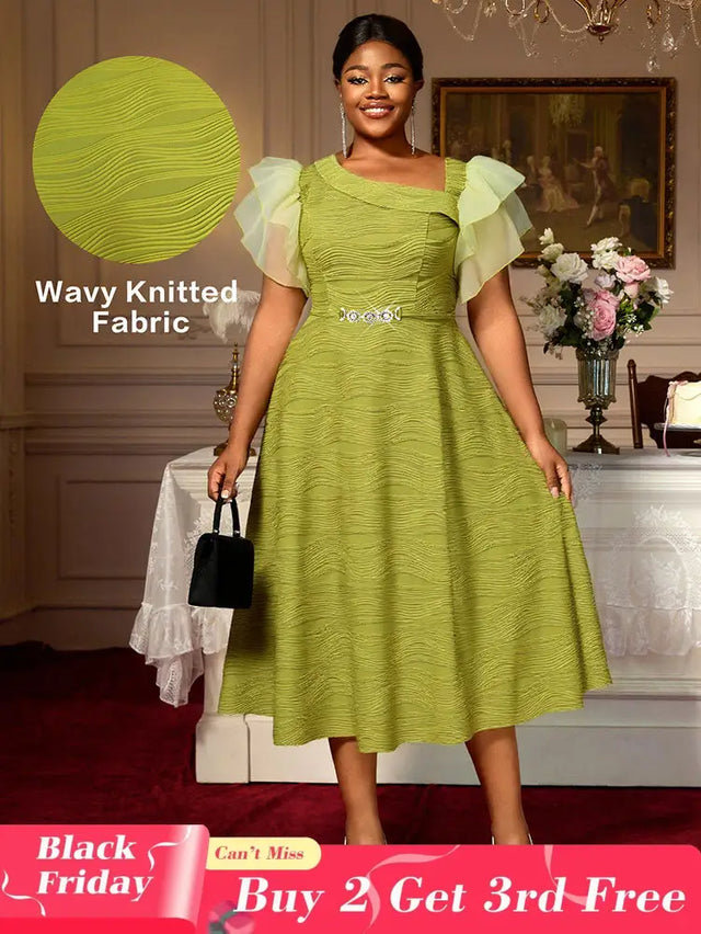 AOMEIDRESS Elegant Green Knit Dress Organza Ruffle Sleeve For Party MustardGreen / S