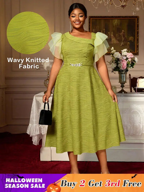 AOMEIDRESS Elegant Green Knit Dress Organza Ruffle Sleeve For Party MustardGreen / S