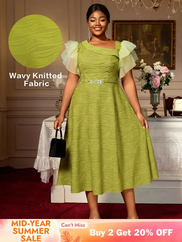 AOMEIDRESS Elegant Green Knit Dress Organza Ruffle Sleeve For Party MustardGreen / S