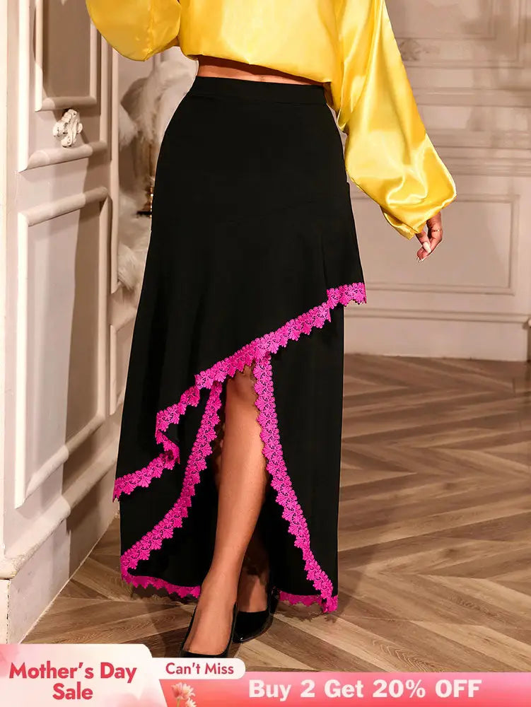 AOMEIDRESS Elegant Irregular A Line Skirt Color Block Pink Lace Trim Black / S