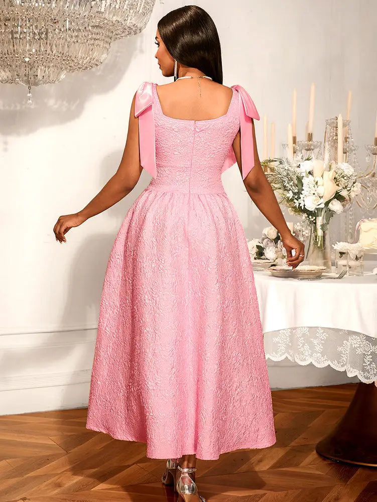 AOMEIDRESS Elegant Jacquard A Line Party Dress Square Collar With Bow