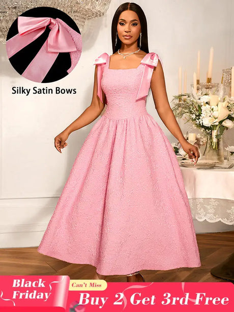 AOMEIDRESS Elegant Jacquard A Line Party Dress Square Collar With Bow Pink / S