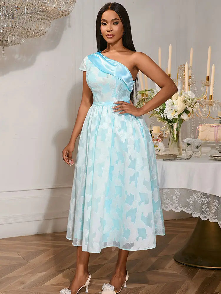 AOMEIDRESS Elegant Jacquard A Line Wedding Guests Dress One Shoulder