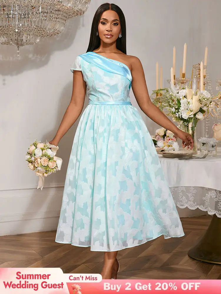 AOMEIDRESS Elegant Jacquard A Line Wedding Guests Dress One Shoulder LightBlue / S