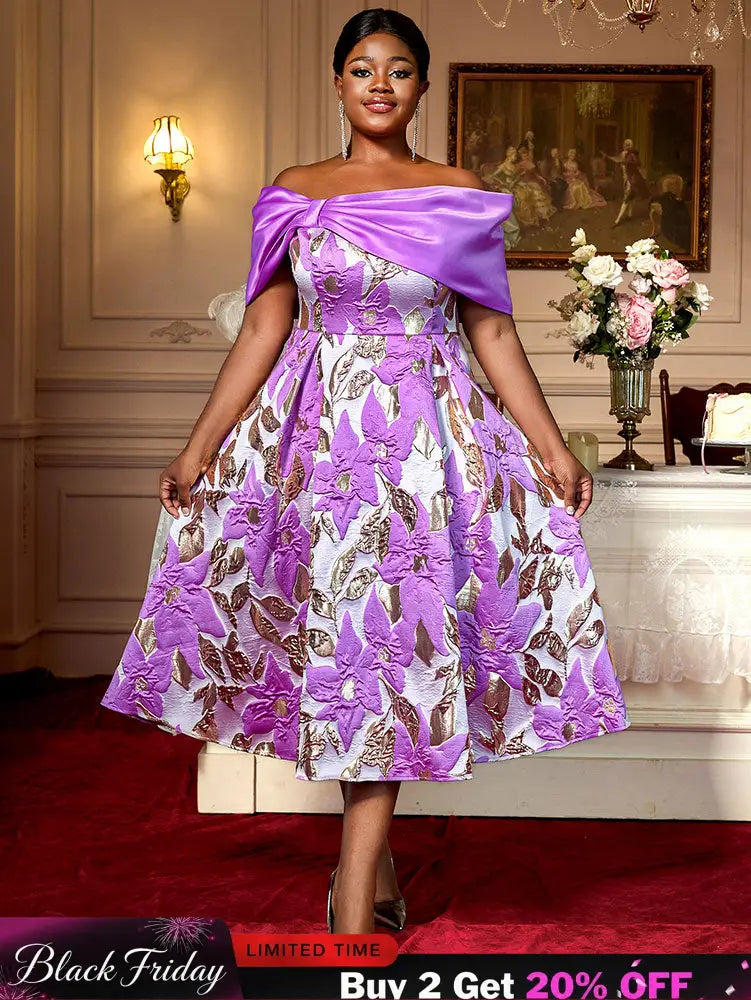 AOMEIDRESS Elegant Jacquard A Line Wedding Guests Dresses Slash Neck Purple / 0XL
