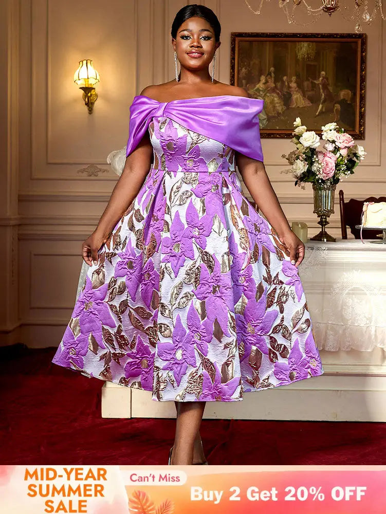 AOMEIDRESS Elegant Jacquard A Line Wedding Guests Dresses Slash Neck Purple / 0XL