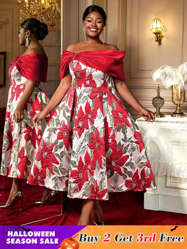 AOMEIDRESS Elegant Jacquard A Line Wedding Guests Dresses Slash Neck Red / 0XL