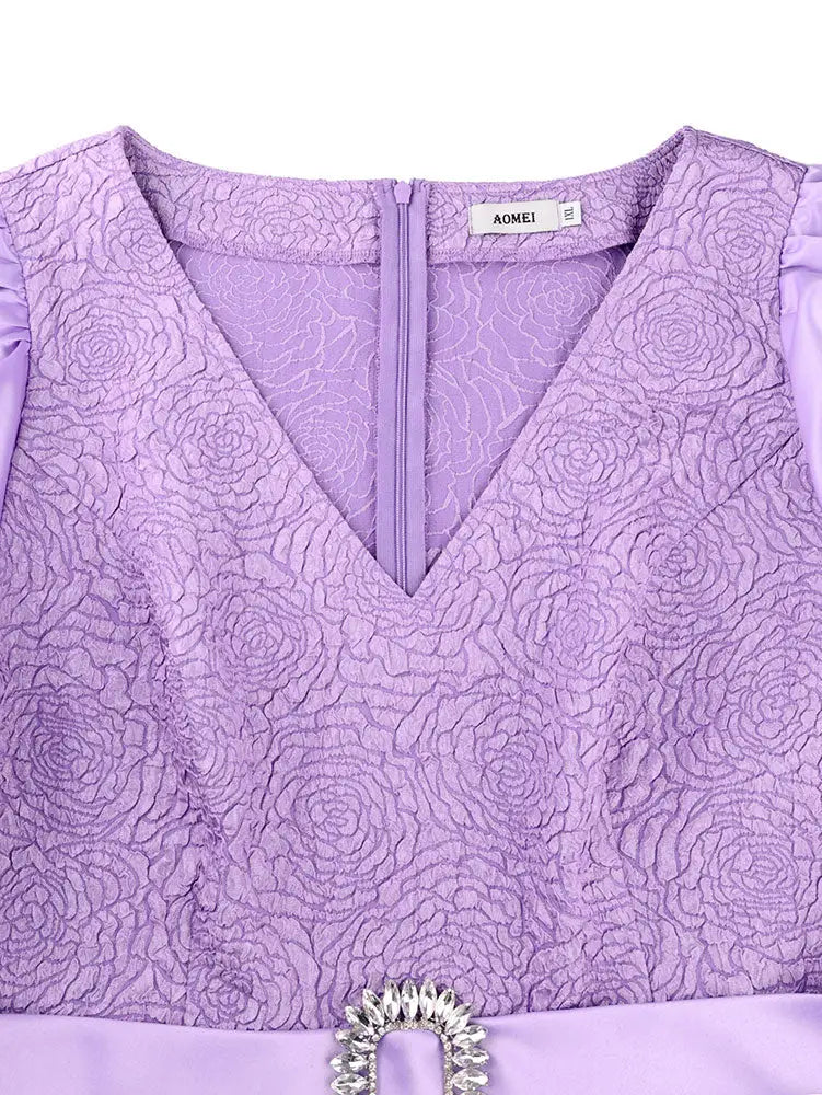 AOMEIDRESS Elegant Jacquard Bodycon Dress Puff Sleeve Folds Gowns