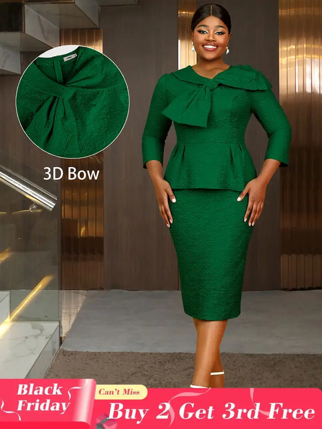 AOMEIDRESS Elegant Jacquard Church Party Dress With Bow Peplum V Neck DarkGreen / S