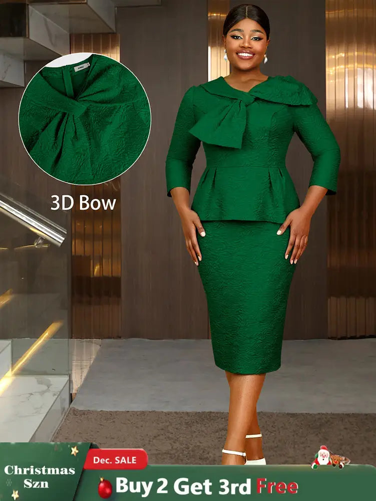 AOMEIDRESS Elegant Jacquard Church Party Dress With Bow Peplum V Neck DarkGreen / S