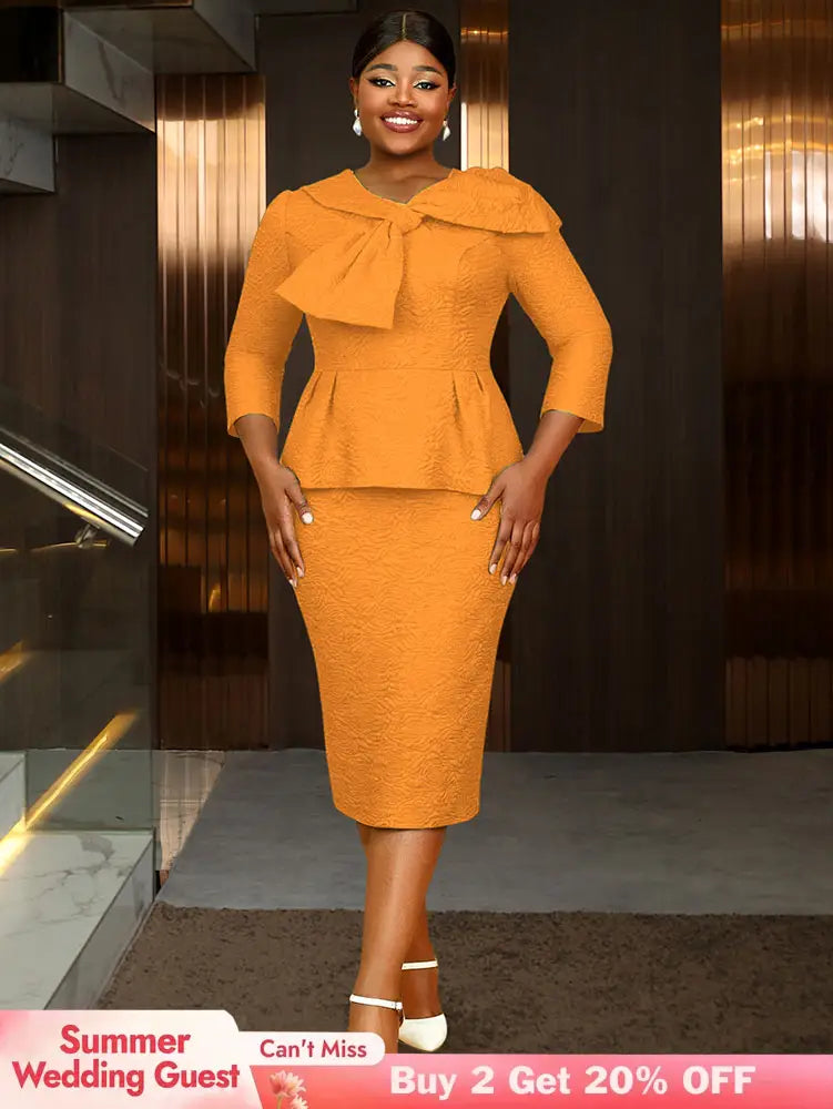 Women Elegant Jacquard Dress Bow Neck Peplum Bodycon Party Gown Orange / S