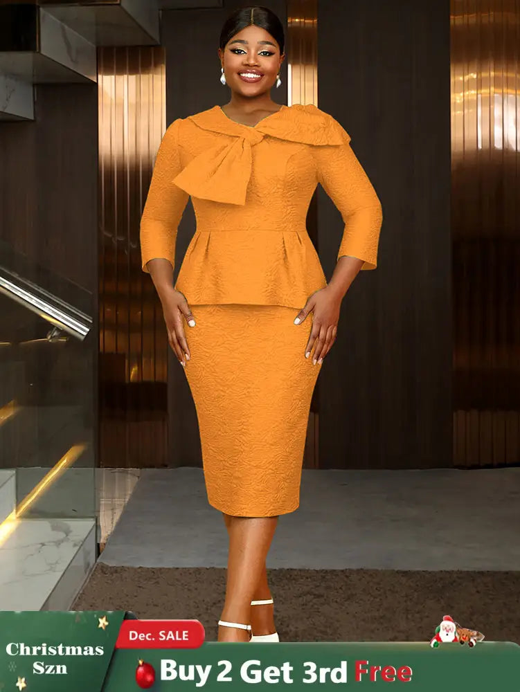 Women Elegant Jacquard Dress Bow Neck Peplum Bodycon Party Gown Orange / S