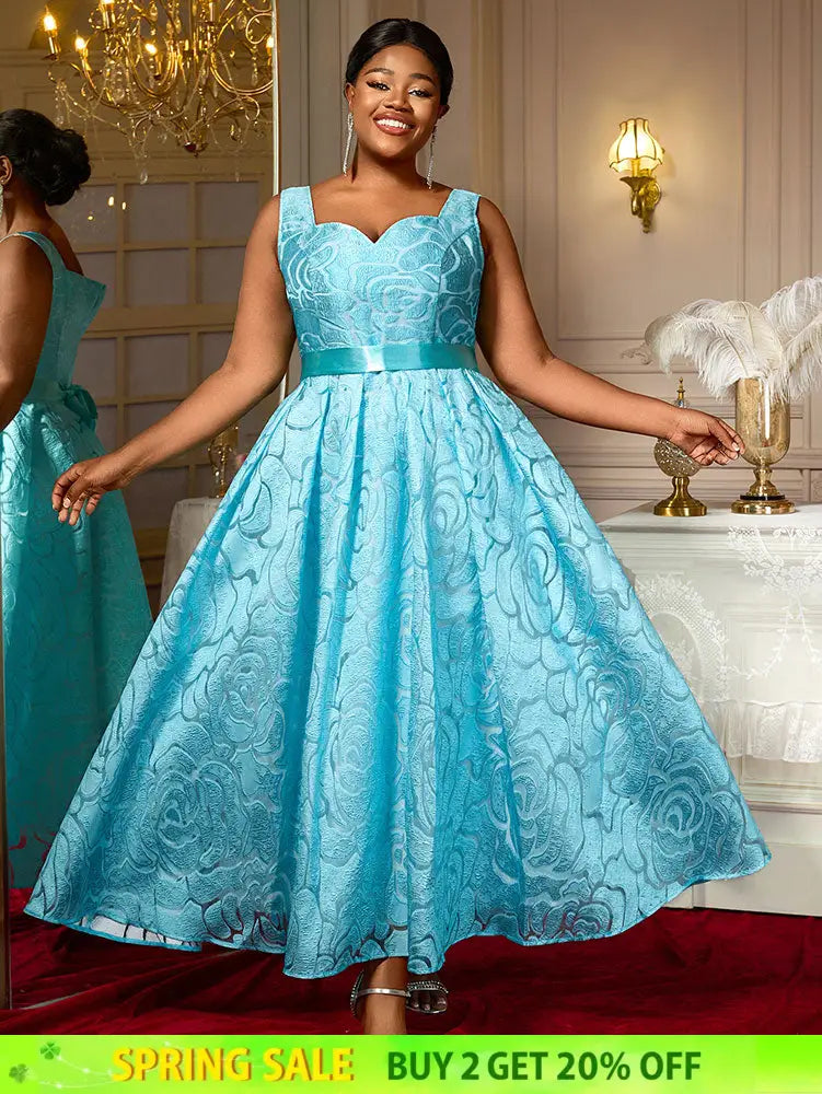 AOMEIDRESS Elegant Jacquard Floral A Line Pleated Wedding Guests Dress LightBlue / S