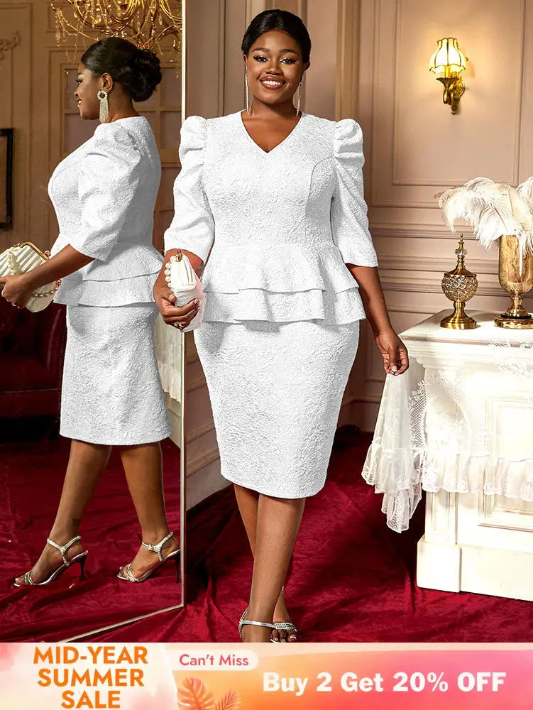 AOMEIDRESS Elegant Jacquard Package Hip Dresses For Wedding Guests White / 0XL