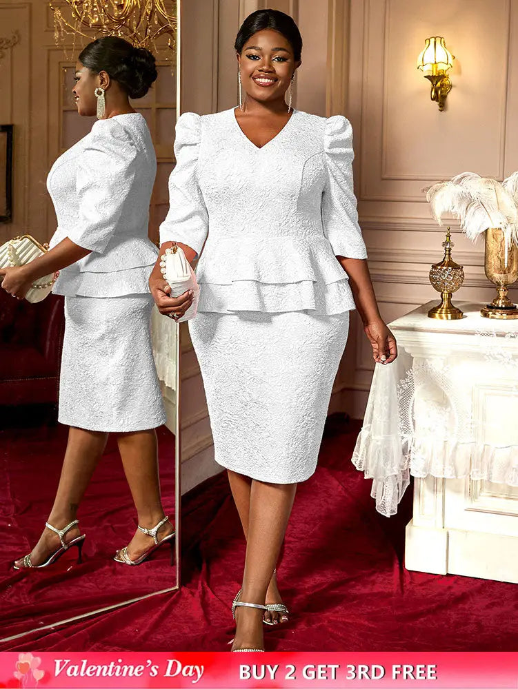 AOMEIDRESS Elegant Jacquard Package Hip Dresses For Wedding Guests White / 0XL