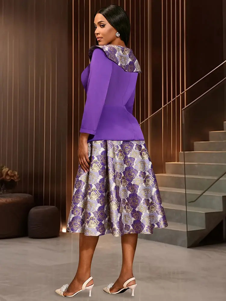 AOMEIDRESS Elegant Jacquard Two Piece Set Peplum Top A Line Skirt