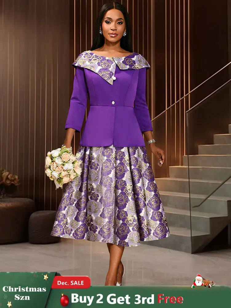 AOMEIDRESS Elegant Jacquard Two Piece Set Peplum Top A Line Skirt Purple / S