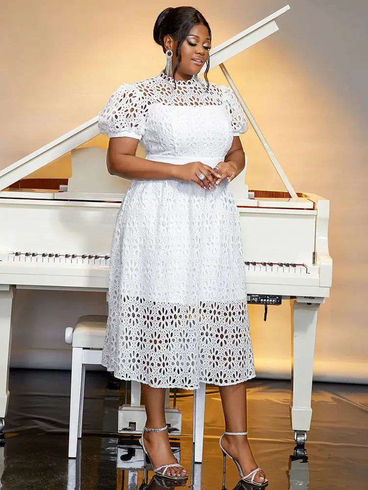 AOMEIDRESS Elegant Lace Midi A Line Wedding Guests Dress Puff Sleeve