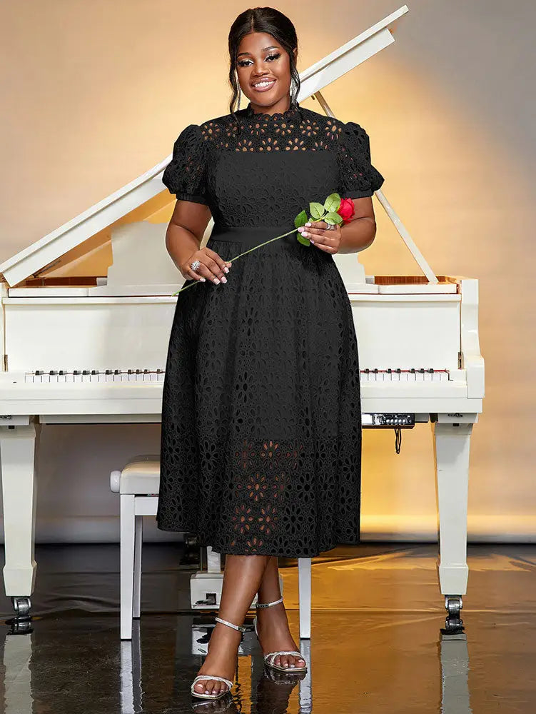 AOMEIDRESS Elegant Lace Midi A Line Wedding Guests Dress Puff Sleeve Black / 0XL