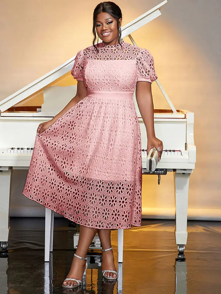 AOMEIDRESS Elegant Lace Midi A Line Wedding Guests Dress Puff Sleeve Pink / 0XL