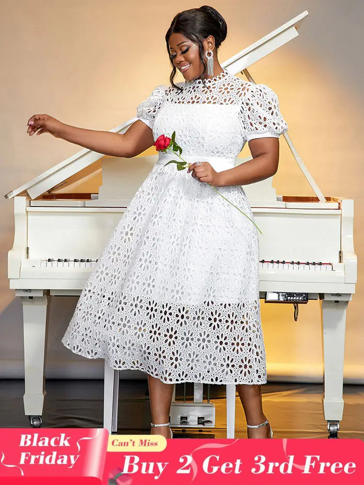 AOMEIDRESS Elegant Lace Midi A Line Wedding Guests Dress Puff Sleeve White / 0XL