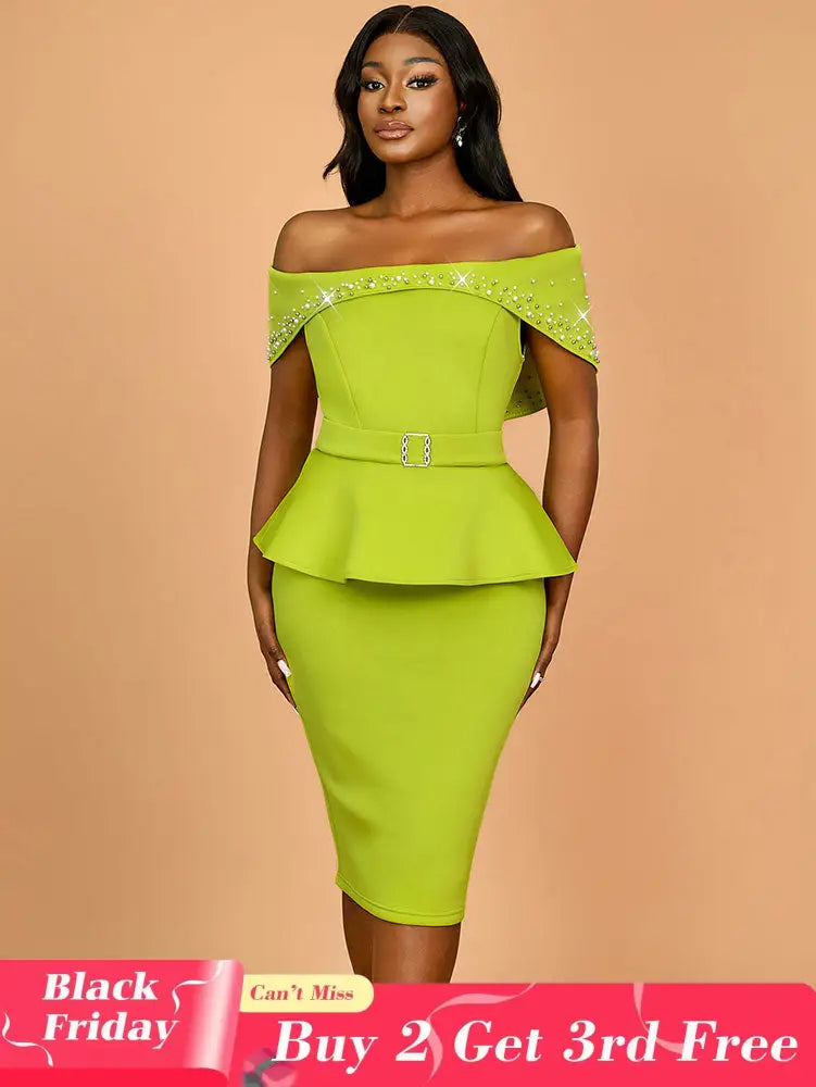 AOMEIDRESS Elegant Luxury Wedding Guest Dress Shiny Beaded Slash Neck Green / S