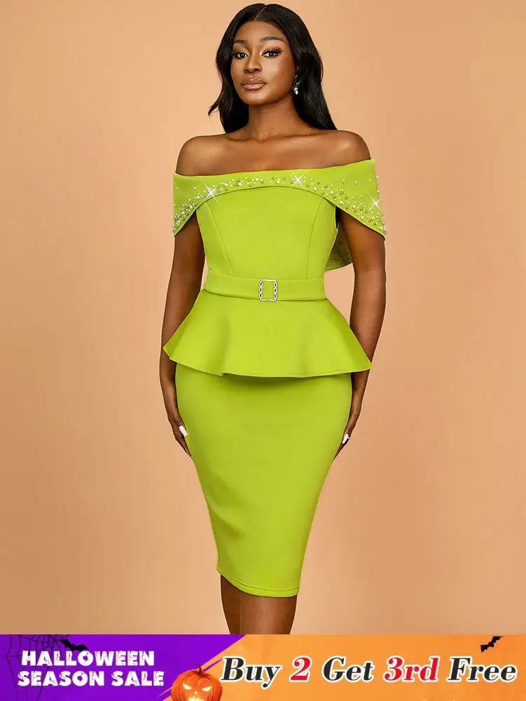 AOMEIDRESS Elegant Luxury Wedding Guest Dress Shiny Beaded Slash Neck Green / S