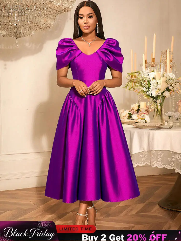 AOMEIDRESS Elegant Maxi A Line Puff Sleeve Dress For Wedding Guest Purple / S