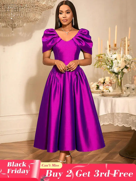AOMEIDRESS Elegant Maxi A Line Puff Sleeve Dress For Wedding Guest Purple / S