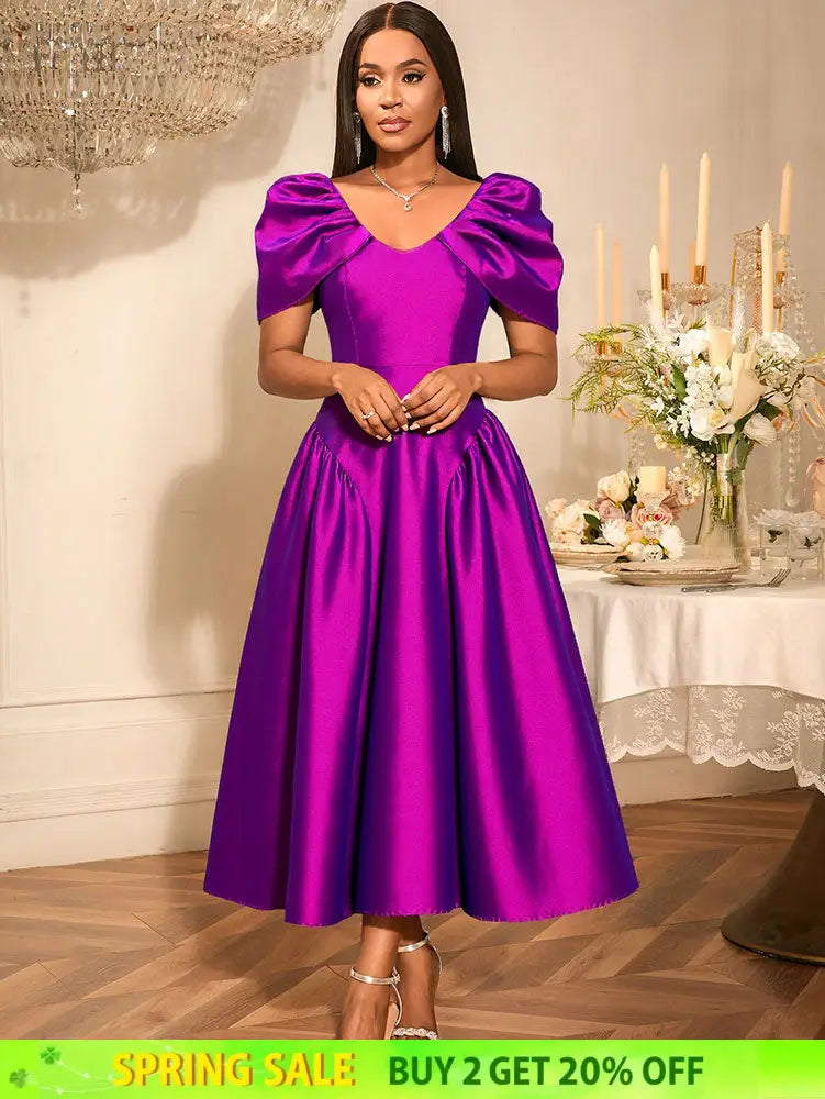 AOMEIDRESS Elegant Maxi A Line Puff Sleeve Dress For Wedding Guest Purple / S