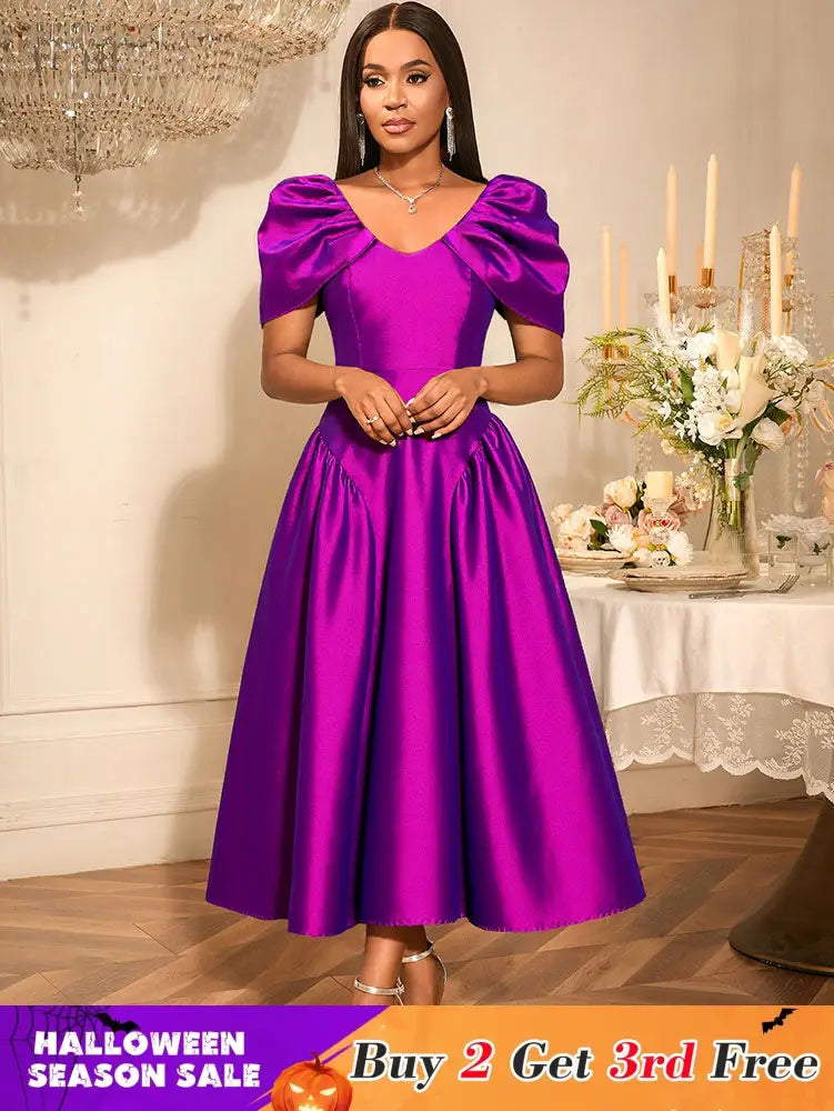 AOMEIDRESS Elegant Maxi A Line Puff Sleeve Dress For Wedding Guest Purple / S