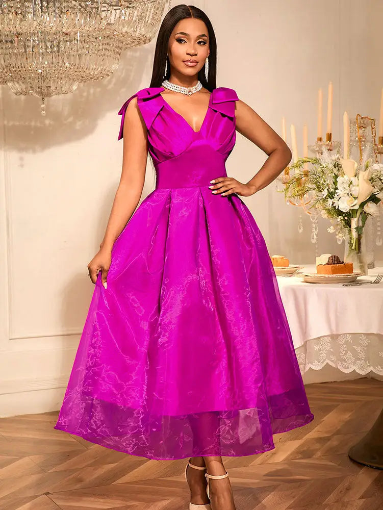 AOMEIDRESS Elegant Maxi A Line V Neck Dress With Bow For Wedding Guest