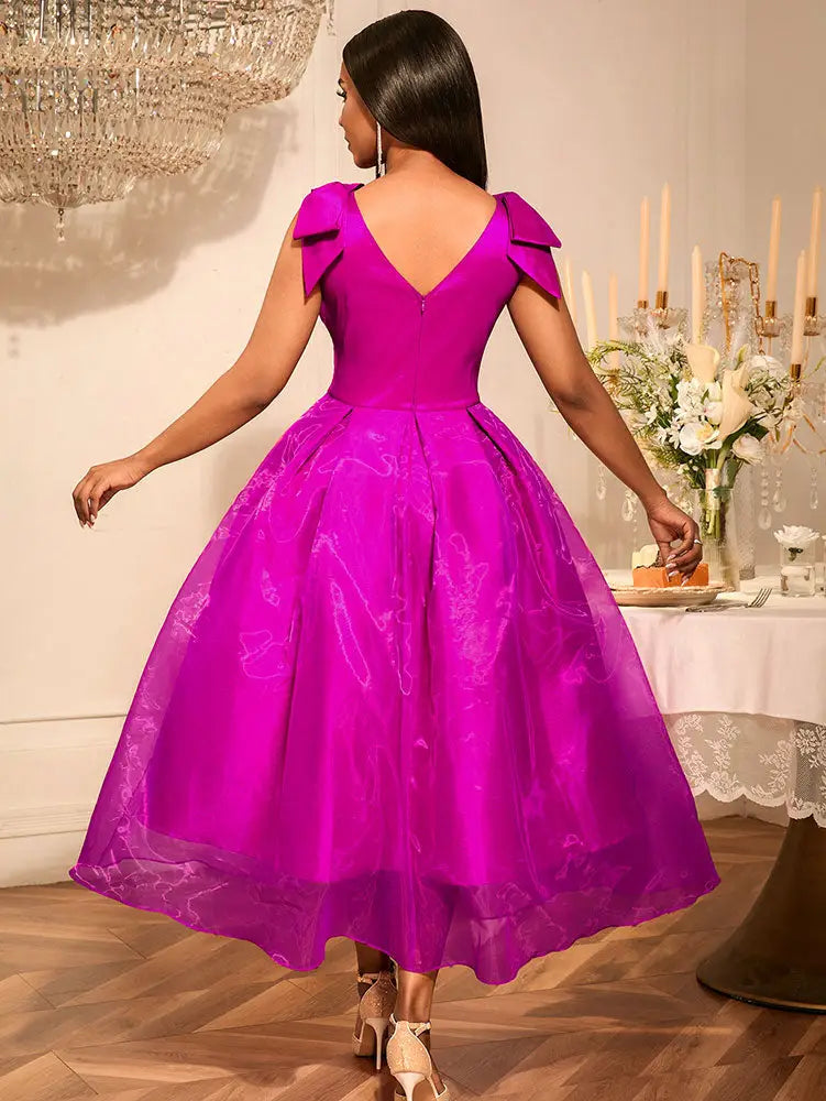 AOMEIDRESS Elegant Maxi A Line V Neck Dress With Bow For Wedding Guest