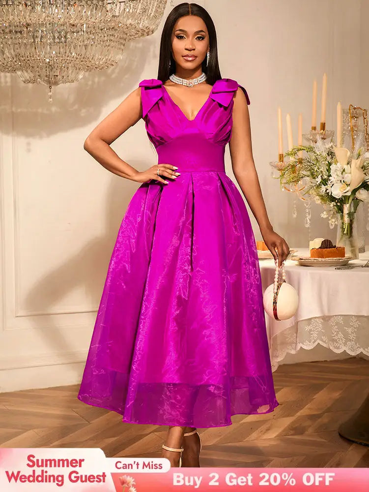 AOMEIDRESS Elegant Maxi A Line V Neck Dress With Bow For Wedding Guest Rose / S