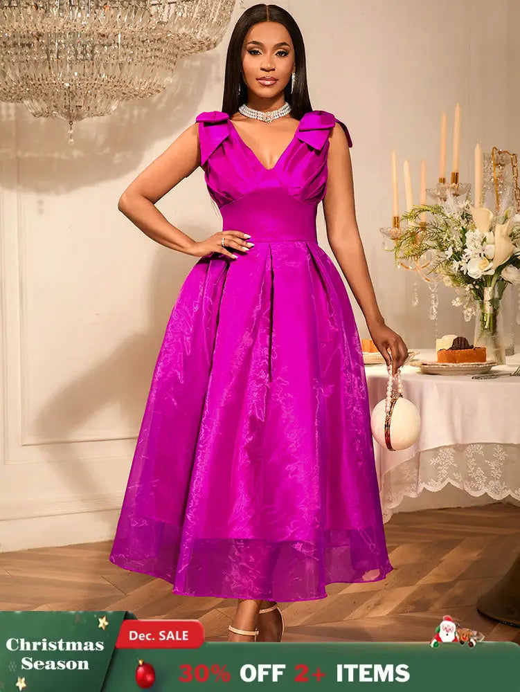 AOMEIDRESS Elegant Maxi A Line V Neck Dress With Bow For Wedding Guest Rose / S