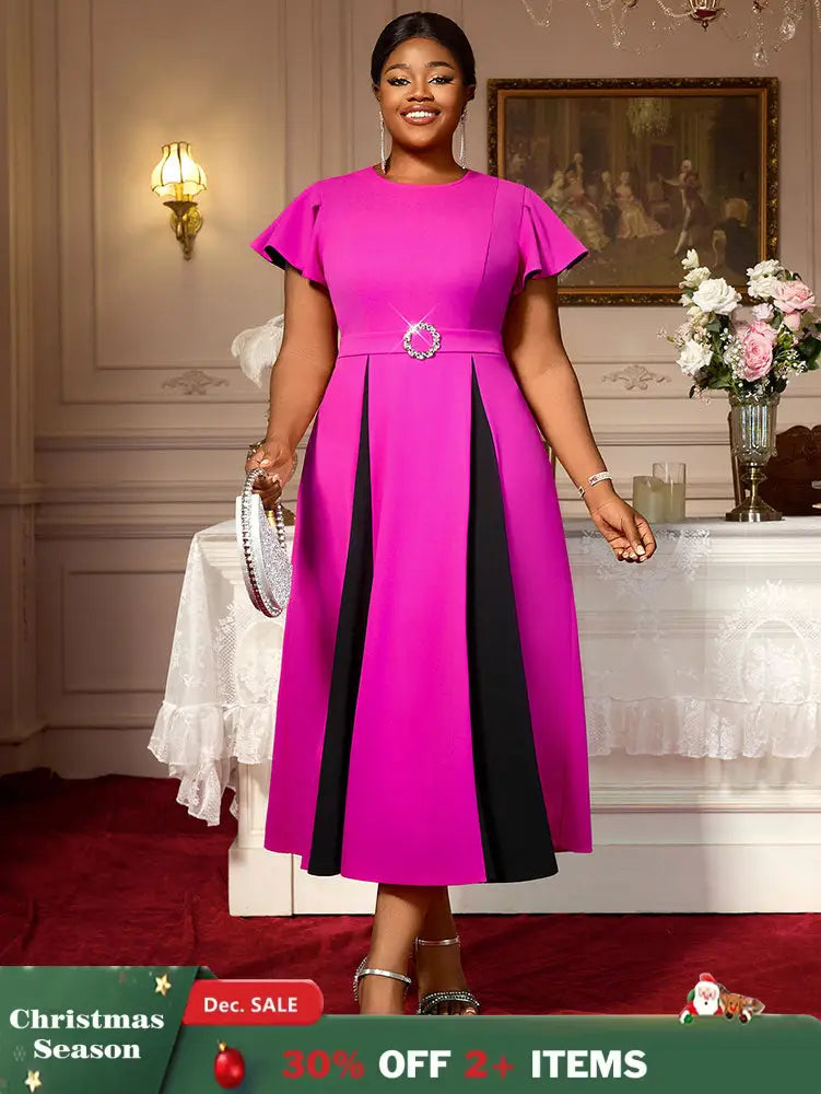 AOMEIDRESS Elegant Maxi Color Block Dress With Waist Belt for Party Rose / S