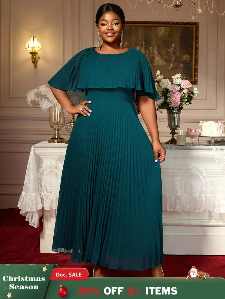 AOMEIDRESS Elegant Maxi Pleated A Line Church Dresses Cape sleeves DarkGreen / S