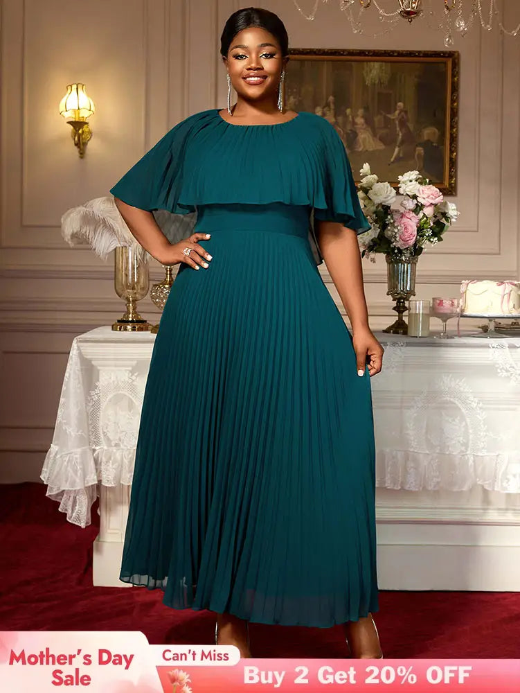AOMEIDRESS Elegant Maxi Pleated A Line Church Dresses Cape sleeves DarkGreen / S