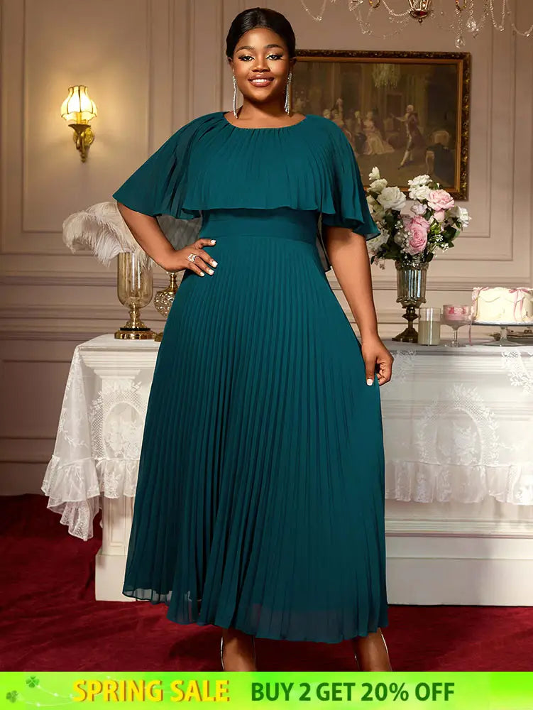AOMEIDRESS Elegant Maxi Pleated A Line Church Dresses Cape sleeves DarkGreen / S