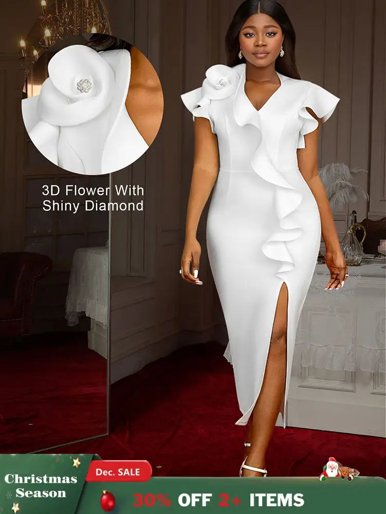 AOMEIDRESS Elegant Maxi Ruffle Dress With 3D Flower for Party Wedding White / S