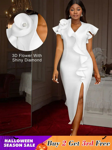 AOMEIDRESS Elegant Maxi Ruffle Dress With 3D Flower for Party Wedding White / S