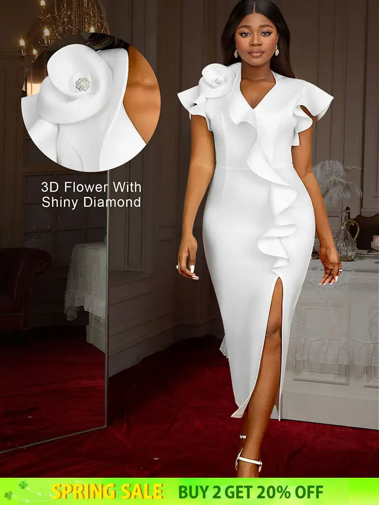 AOMEIDRESS Elegant Maxi Ruffle Dress With 3D Flower for Party Wedding White / S