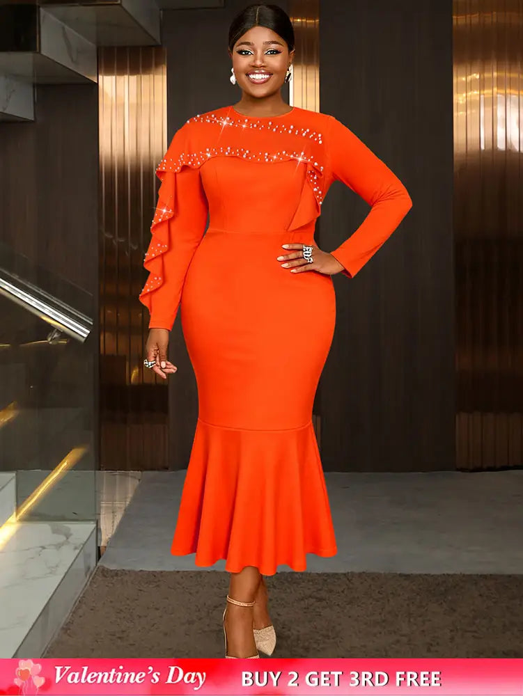 AOMEIDRESS Elegant Mermaid Dress O Neck Ruffles Events Party Gowns Orange / L