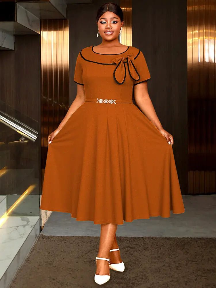 AOMEIDRESS Elegant Midi A Line Church Dress O Neck With Bow Pleated - Brown / L