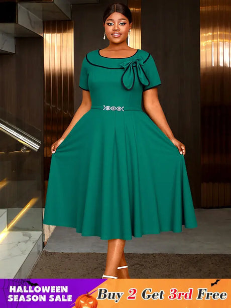 AOMEIDRESS Elegant Midi A Line Church Dress O Neck With Bow Pleated Green / 0XL