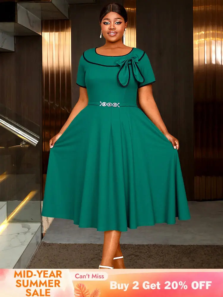 AOMEIDRESS Elegant Midi A Line Church Dress O Neck With Bow Pleated Green / 0XL