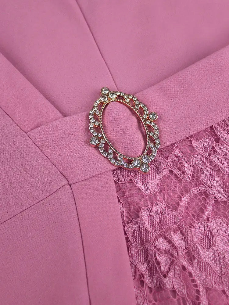 AOMEIDRESS Elegant Midi A Line Patchwork Lace Dress Diamond Waist Belt