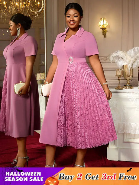 AOMEIDRESS Elegant Midi A Line Patchwork Lace Dress Diamond Waist Belt Pink / 0XL