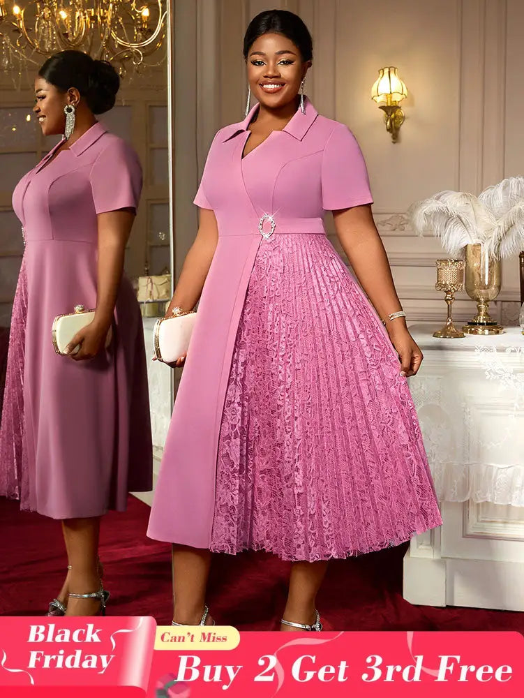 AOMEIDRESS Elegant Midi A Line Patchwork Lace Dress Diamond Waist Belt Pink / 0XL